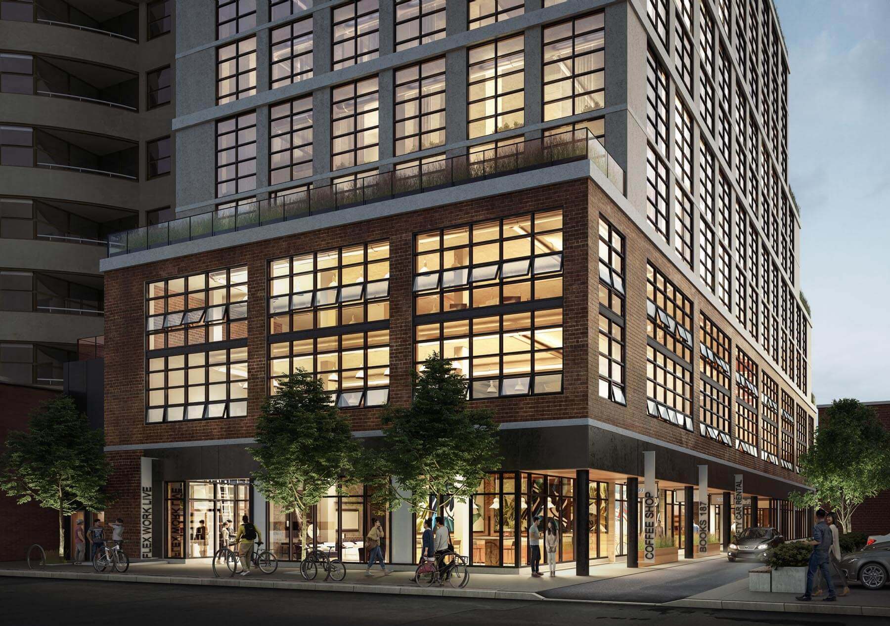 A close-up Rendering of the south west corner of Parliament & Co commercial loft spaces